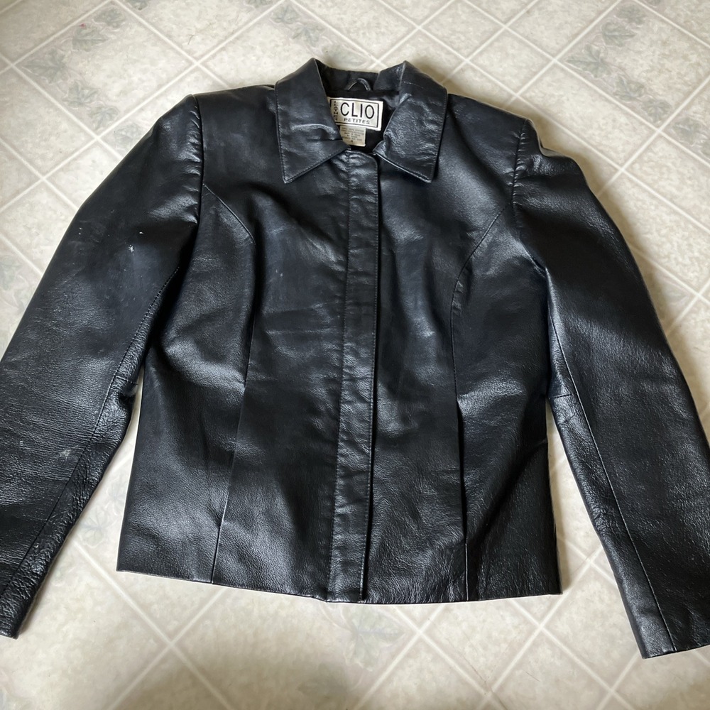 Clio Petites Black Leather Full Zip Jacket Size 4 Goth Grunge Biker Casual Chic
